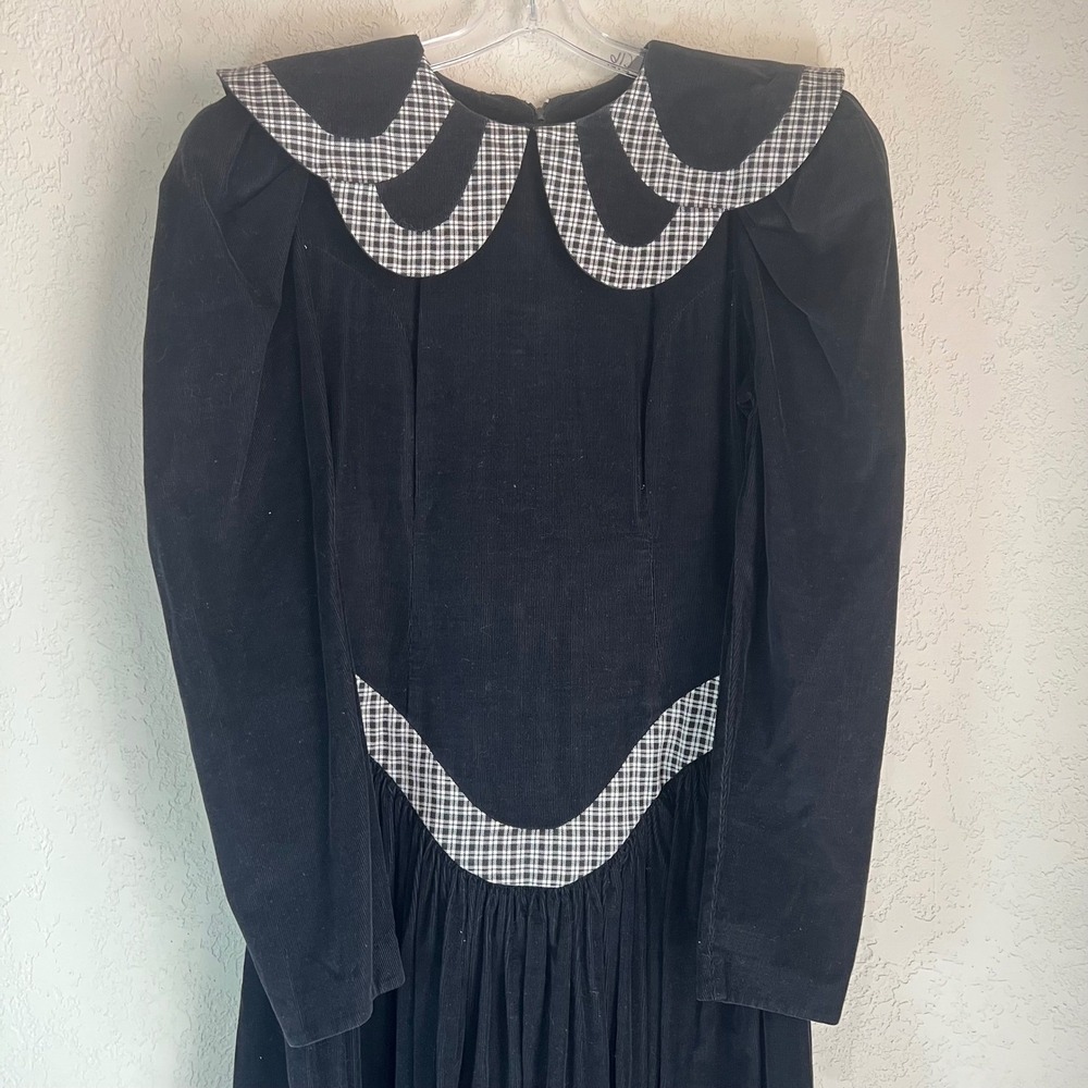 Leslie Luck Vintage Dress Women S Black Cotton Corduroy Gingham Scalloped Collar